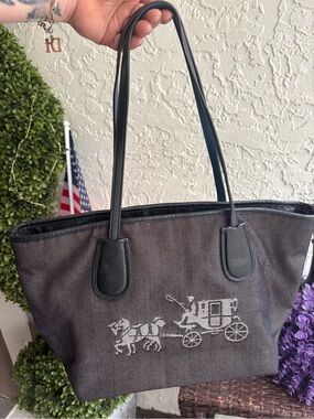 Coach Charcoal Gray and Black Horse & Carriage Tote with cobalt blue interior